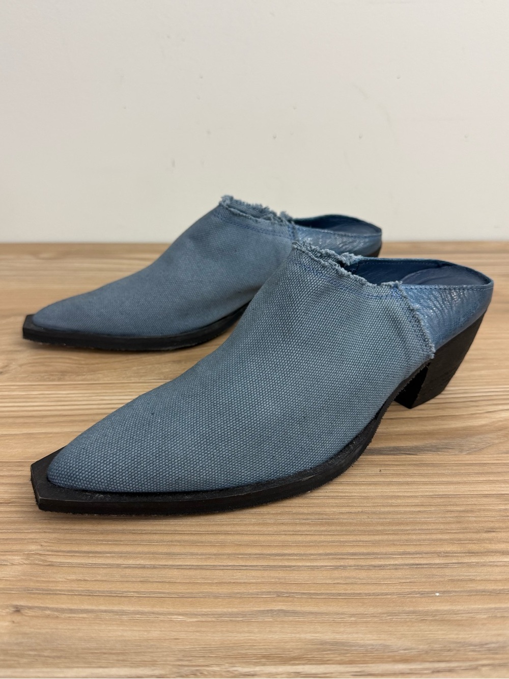 Free People Wild Things Western Blue Denim Leather Pointed Toe Block Heel